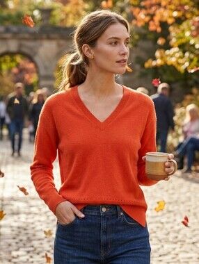 Autumn Cashmere Women's Quiet Luxury Orange Cashmere V-Neck Sweater Size XS-M
